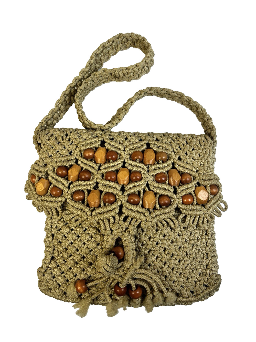 Macrame & Beads Vintage 70's Shoulder Bag Crochet Tan Boho Handbag Festival